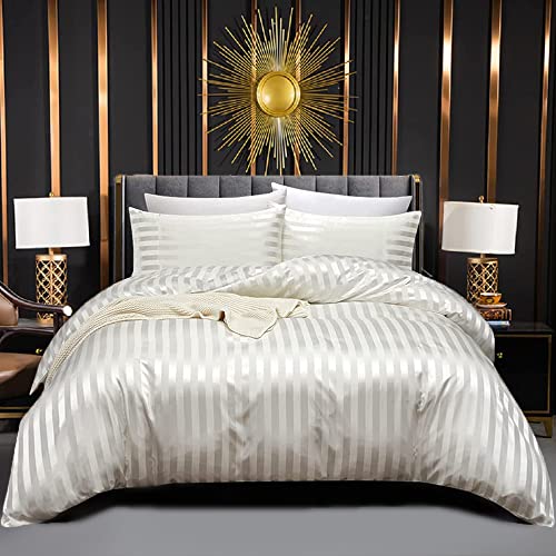 Luofanfei Satin Bettwäsche 135x200 Weiß Beige Glänzend Glatt Seiden Sommer Bettwäsche Set Glanzsatin Gestreift Creme Uni Luxus Microfaser Bettbezug Einzelbett mit Reissverschluss