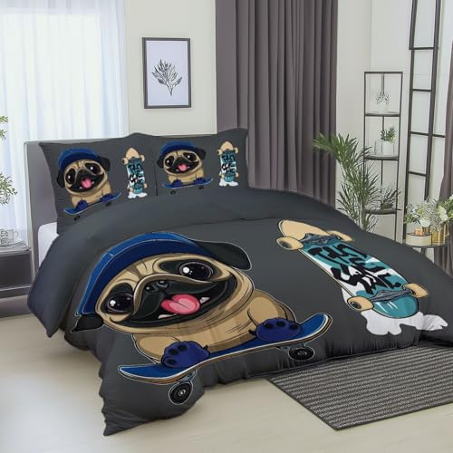 Bettbezug bettwäsche wendbar Cartoon-Mops mit Skateboard Sets,100% mikrofaser atmungsaktiv Dunkelgrau 3 teilig Sets,für Kinder Erwachsene Jugendliche 240 x 220 cm mit reißverschluss