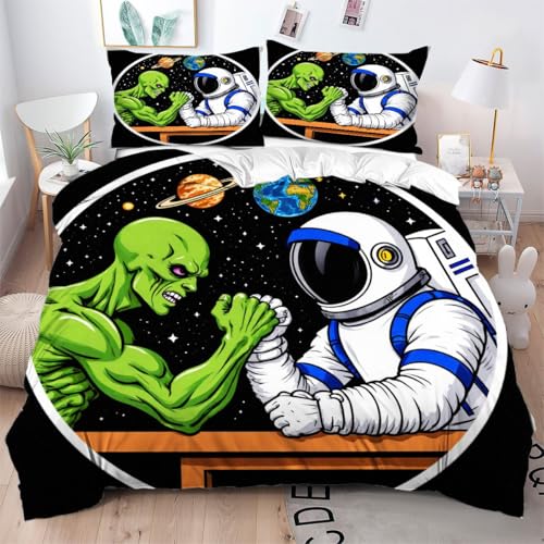 ZZXHG Bettwäsche Mikrofaser 3teilig 3D-Astronaut Jugend, Bettbezug 135 x 200 2er Set mit 80x80 cm Kissenbezug, Weiche Kinderbettwäsche für Einzelbett mit Reißverschluss_A4886