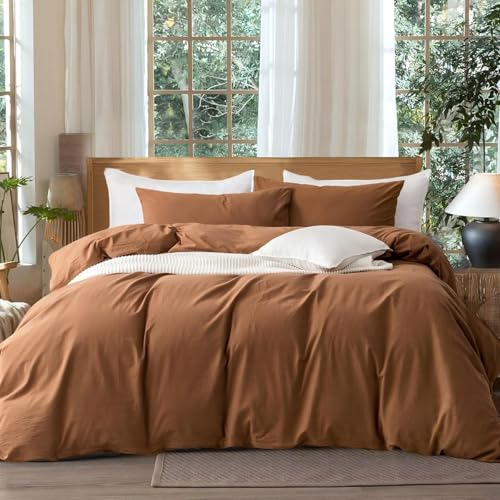 Freyamy Baumwolle Bettwäsche 135x200cm 4teilig Karamell Unifarben Leinenoptik Bettwäsche-Sets ÖKO-TEX Deckenbezug 1 Bettbezug mit Reißverschluss und 1 Kissenbezug 80x80cm