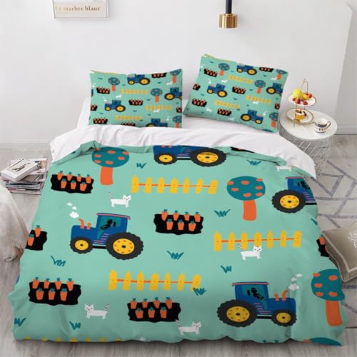 Generisch 3D Cartoon Traktor Bettwäsche 200x200 cm 3teilig Cartoon LKW Bettbezug mit Reißverschluss 100% Mikrofaser Leicht Atmungsaktive Bettwaren Set mit 2 Kissenbezüge 50x75?Muster 103-13?