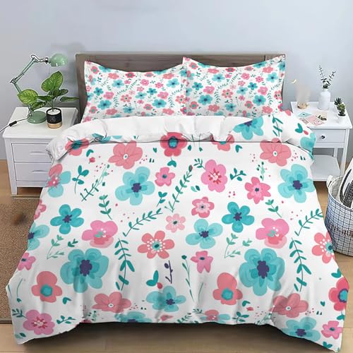 JEDTAKCT Bettwäsche Set 135X200Cm Hellblau Cartoon Blumen Schöner Garten 3D Polyester Bettbezug Sets, Weich Atmungsaktiv Bettbezüge Mit 2 Kissenbezug 80X80 cm, Für Alle Jahreszeiten