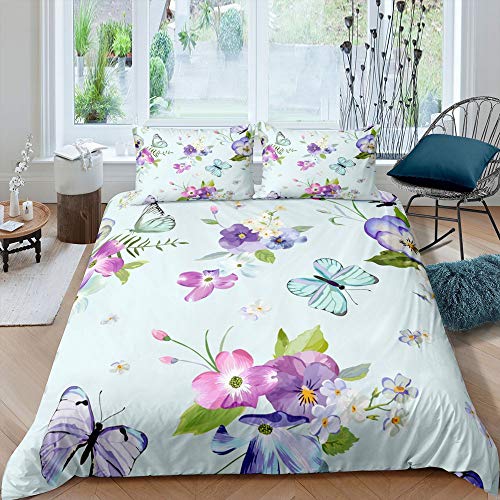 Schmetterlingsrose Bettwäsche-Set Blume Mintgrün Bettwäsche Set 135x200cm Insektenthema Flieder Betten Set für Kinder Jungen Mädchen Teenager 2St.Reißverschluss Mikrofaser