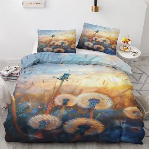 Traulpex Löwenzahn Bettwäsche Set 200x220cm 3 teilig, Pflanzenmuster Bettbezug mit Reißverschluss, Weich & Bügelfrei, Pusteblume Wiese Bettwäsche Microfaser mit 2 Kissenbezug 80x80 cm