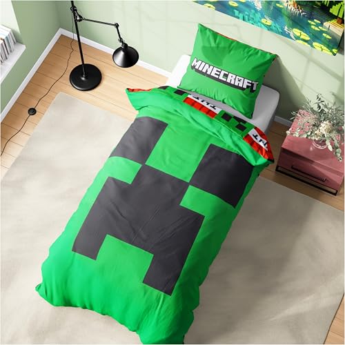 Get Trend Minecraft Kinderbettwäsche 135x200 cm, Wendbare Bettwäsche Kinder & Teenager, Creeper Kissen- & Deckenbezug, Gamer Geschenke für Jungs (Grün Minecraft, Einzel)