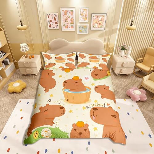 Homemissing Capybara Bettwäsche Set 135x200cm Braun Capybara Bettbezug Lustige Niedliche Tiere Bettwäsche für Kinder Jungen Mädchen Blumen Capybaras Bettbezug Set 2 teilig