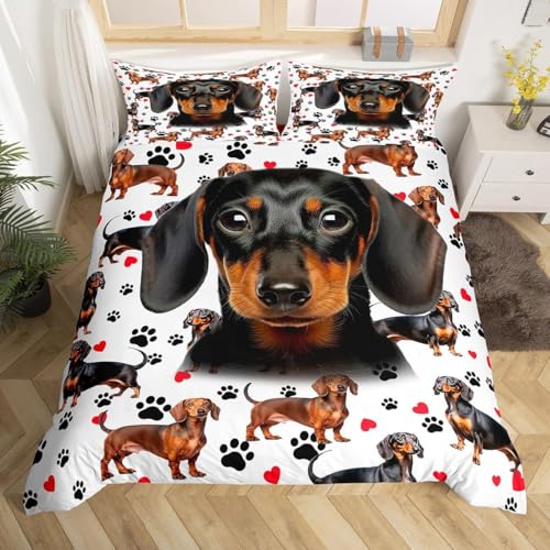 ZZTBQ Hund Tiermotiv Bettwäsche-Set für Kinder 135x200 2teilig Hundepfotenabdrücke Kinderbettwäsche 1 Bettbezug 135x200 cm + 1 Kissenbezüge 80X80 cm, Braun Schwarz Dackel-Hundemuster Bettwäsche-Sets