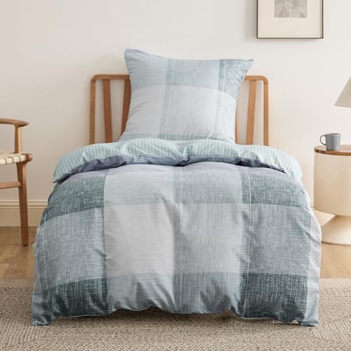 BEDSURE Bettwäsche 135x200 2teilig Bettbezug - Bettwäsche-Sets 135 x 200 cm mit Kissenbezug 80x80 cm, ÖKO-TEX Wendebettwäsche Bedding Blau Plaid Kariert Muster für Einzelbett mit Reißverschluss