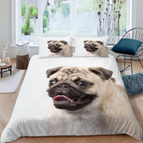 Bettwäsche 200x200 Mops Bettwäsche-Sets Atmungsaktive Angenehme Bügelfrei Microfaser 3D Bettbezug Tierhund mit Reißverschluss und 2 Kissenbezüge b.5181
