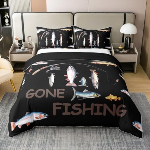 Loussiesd Angeln und Jagen Betten Set Hecht Fisch Baumwolle Bettwäsche Set 135x200cm für Kinder Jungen Mädchen Zimmer Dekor Bass Groß Fische Bettbezug Set Fischeerman Fische Man Bettbezug 2Stück