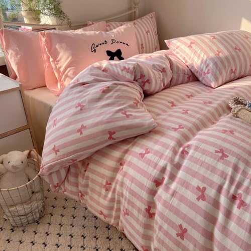 Covebett Bettwäsche 135x200 Mädchen Weiß mit Rosa Gestreift Schleifen Aesthetic Bettbezug Set Kinder Kawaii Streifen Schleifenmuster Microfaser Deckenbezug Reißverschluss und Kissenbezug 80x80cm