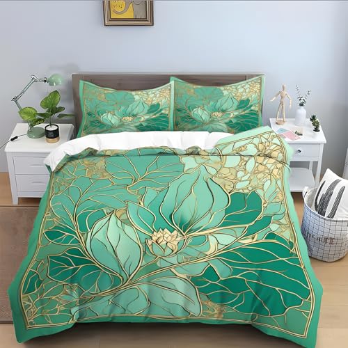 Bettwäsche 155x220 3 Teilig für Goldene Blätter,Grün Bettwäsche-Set, Mikrofaser Bettbezug Flauschig, Bettbezüge mit Reißverschluss Schließung und 2 Kissenbezug 80x80 cm-Grün A450
