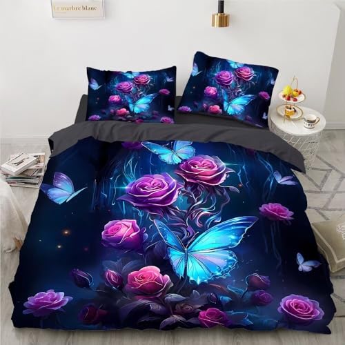 YZQGLHP Rosa-Violette Rose Bettwäsche 155x220cm, Blauer Schmetterling Bettbezug Wendebettwäsche, Weich Mikrofaser Bettwäsche-Sets mit Reißverschluss und 2 Kissenbezüge 80x80cm
