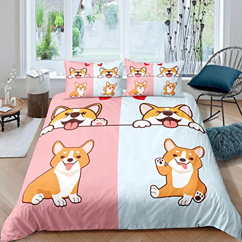 feelingyou Kinder Cartoon Hund Bettwäsche-Set Lächelndes Hündchen Corgi Faily Pet Bettwäsche Set 135x200cm Pink Blue Bottom Betten Set für Kinder Jungen Mädchen Teenager 2St.Reißverschluss Mikrofaser