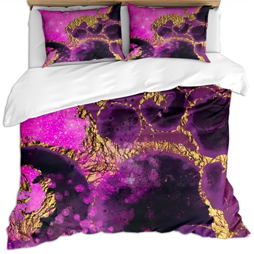 KBDQGX Bettwäsche 200X200 Mikrofaser 3 Teilig, Weiche Flauschige Winter Bettbezüge Mit Reißverschluss, 3D Luxusmode Aus Dem Mysteriösen Universum In Pink, Lila Und Gold Bettbezug + 2 Kopfkissenbezu