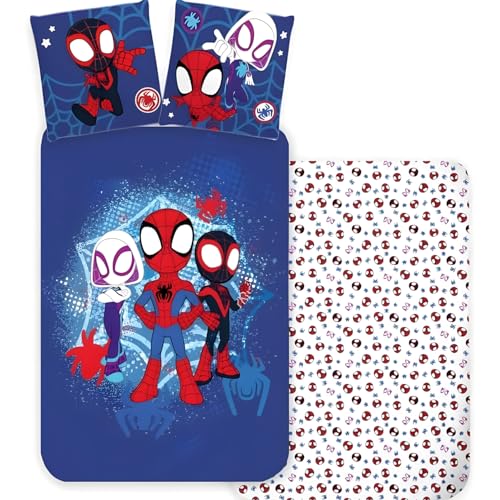 Spidey & Friends Bettwäsche-Set für Einzelbett, Bettbezug 140 x 200 cm & Kissenbezug 60 x 65 cm, 100 % Baumwolle, weiches und atmungsaktives Bettwäsche-Set für Kinder, buntes Marvel Spidey & His