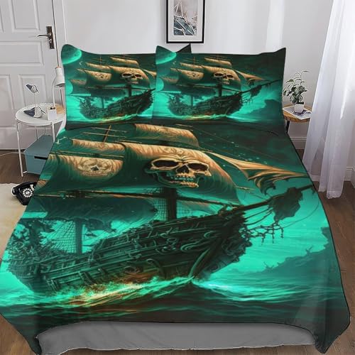 FGHJHGG Schädel Pirat Ship 2 teilig Bettwäsche, Bettbezug, Deckenbezug Set Für Mädchen Jungen, Mikrofaser Bettbezüge Mit Kissenbezügen Single(135x200cm)