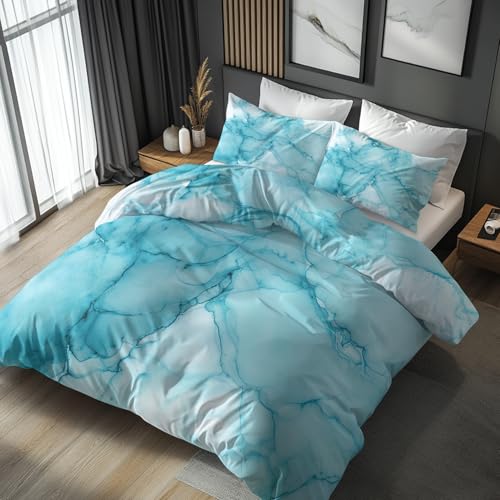 Generisch Bettwäsche 135x200 Türkis Weiß Marmor Design, 2teilig - Modern Abstrakt Bettbezug und 1 Kissenbezug 80x80, Wendebettwäsche, Schlafzimmer Deko, Mikrofaser, mit Reißverschluss (L-41P)