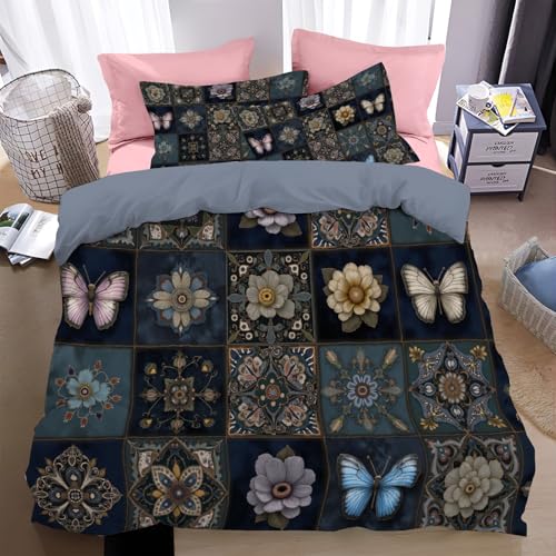 Bettwäsche 135*200cm hellblau Mosaik-Patchworkmuster Bettbezug Set 2 Teilig Blumen und Schmetterlinge Blümchen Blumenmuster Weich Bettwäsche-Sets mit 1 Kissenbezüge 80x80 cm und Reißverschluss