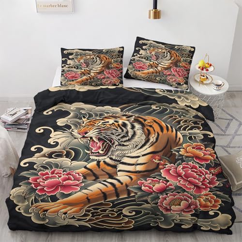 Tiger Deko - Winter Bettwäsche 140x200 Tiger, Asiatischer Stil Pfingstrose Bettbezug 2er Set mit 1 Kissenbezug 70x90, Weiche Mikrofaser Winterbettwäsche mit Reißverschluss T*&117