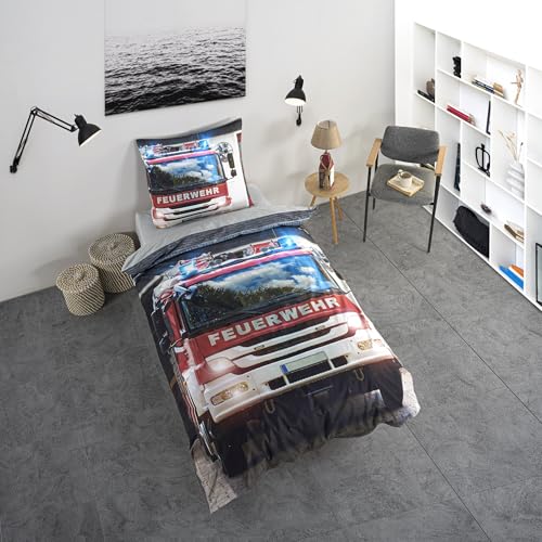 KK SHOPPING Versandhandel Klaus Kolodzie Feuerwehr Bettwäsche-Set, Bettbezug 135 x 200 cm, Kopfkissenbezug 80 x 80 cm, 100% Baumwolle/Renforcé, Bunt, mit Feuerwehrauto-Motiv