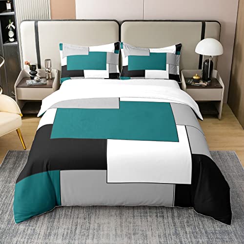 Loussiesd Kinder Türkis Geometrische 100% Baumwolle Bettwäsche Set 155x220cm Moderne Quadratische Kunst Bettbezug Set für Frauen Schlafzimmer Schwarz Grau Weiß Dekor Betten Set Geometrie