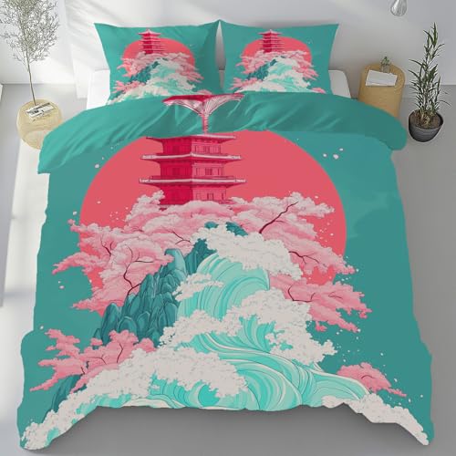Bettwäsche 220x240cm 3teilig, Orientalische Kunst Landschaft Grün Bettbezüge mit 2 Kissenbezüge 80x80 cm, Mikrofaser Bettwäsche-Sets Wellen Sonnenuntergang, Bügelfrei Duvet Cover mit Reißverschluss