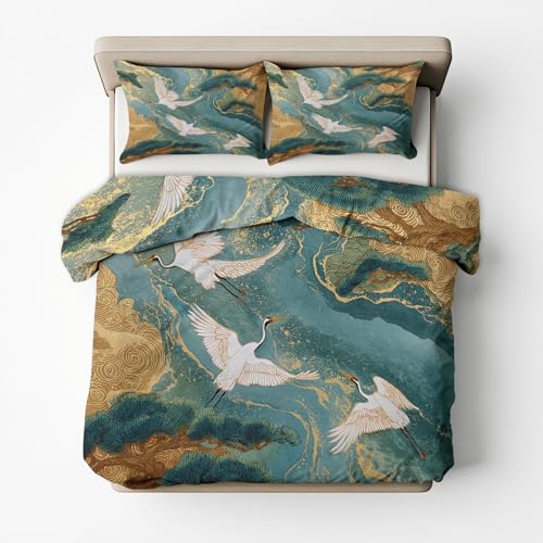 Generisch Mikrofaser Bettwäsche 200x200 Japanischer Kran 3tlg - Orientalische Asiatische Wendebettwäsche Deko, Weiche Bügelfreie Bettbezug mit Reißverschluss, 2 Kissenbezug 80x80 AE628