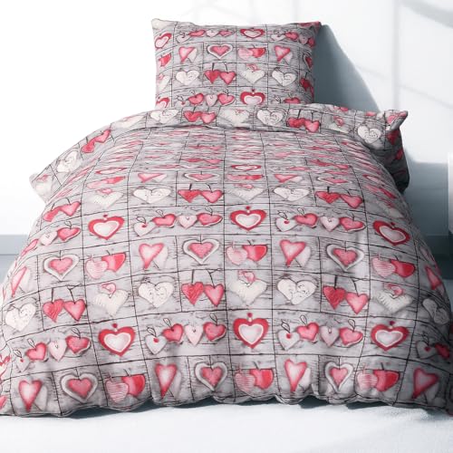 Heubergshop 2 teilige Seersucker Bettwäsche 135x200cm 80x80cm   Love Liebe Herzen Landhaus in rot grau   Bettgarnitur aus 100% Baumwolle, bügelfrei (EW 358/1)
