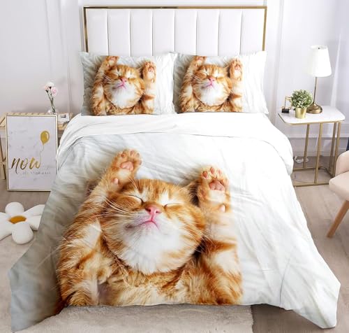 Schlafen Bettwäsche 160x210 Katze Einfacher Bettbezug mit ReißVerschluss, Weich und Kuschelig, Bestehend aus Einem Mikrofaser-Bettbezug und 2 KissenbezüGen 50 X 70 cm