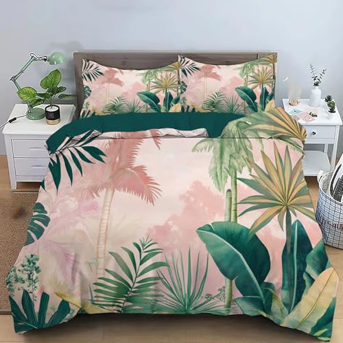 JEDTAKCT Bettwäsche Set Retro-Wald Romantisch Poster Motiv 200X200Cm Mit 80X80 Kissenbezug Blush Pink Mit Reißverschluss Weich Teenager Wende Mikrofaser Bettbezug Pflegeleicht 3 Teilig