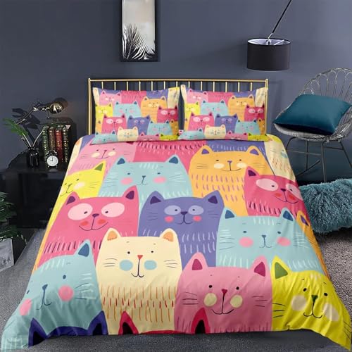 Tabeskly Mädchen Cute Katze Kitty Katzenmotiv BettwäSche Kinder Katzenbettwäsche KinderbettwäSche Bed Duvet Cover Bedding Set 135×200cm