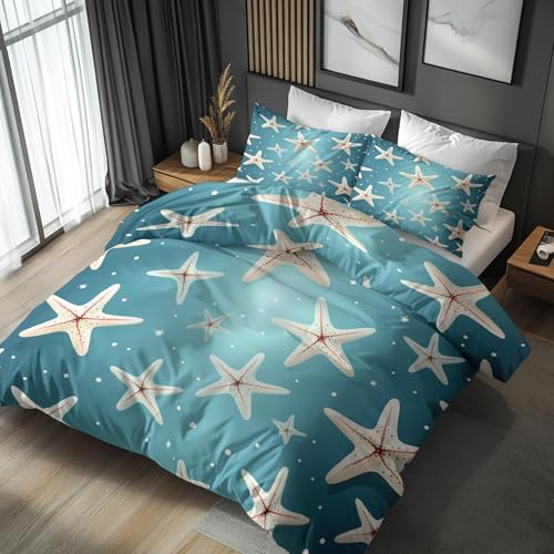 Generisch Küsten Seestern Bettwäsche 155x220 2tlg, Schlafzimmer Deko Bettbezug und 1 Kissenbezug 80x80, Küsten Meer Marine Deckenbezug mit Reißverschluss, Weich Mikrofaser MJ3-84
