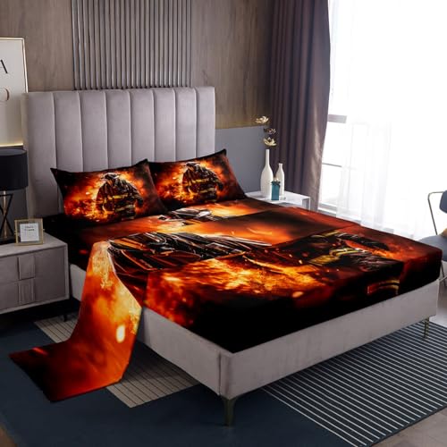 Feuerwehr-Bettwäsche-Set für King-Size-Bett, realistische Flamme, Feuerbekämpfung, weiche Mikrofaser, für Schlafzimmer, Dekoration, alle Jahreszeiten, Vintage-Landdekor, Spannbetttuch + Bettlaken + 2