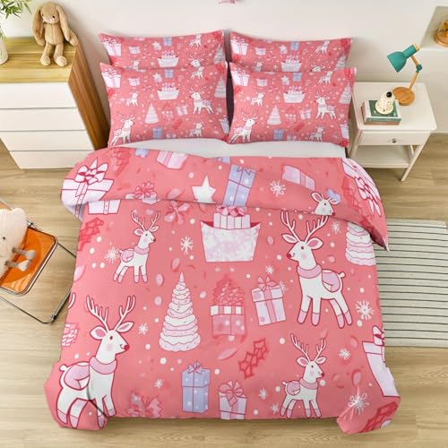 Bettwäsche Rosa Bettbezug 3tlg, Cartoon Weihnachten Hirsch Muster Schlafzimmer Deko 155 x 220 cm - Weiche Mikrofaser Wendebettwäsche mit Reißverschluss Bettwäsche Rosa Bettbezug 3tlg, Cartoon Weihnachten Hirsch Muster Schlafzimmer Deko 155 x 220 cm - Weiche Mikrofaser Wendebettwäsche mit Reißverschluss