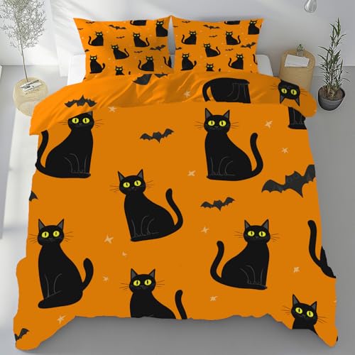 Tyafsgvqo Schwarze Katze Warme Bettwäsche 135x200 cm, Halloween Deko Bügelfrei Bettwäsche Winter, Fledermaus Kätzchen Wendebettwäsche, Duvet Cover mit 2 Kissenbezug - fur Kinder Jungen Mädchen