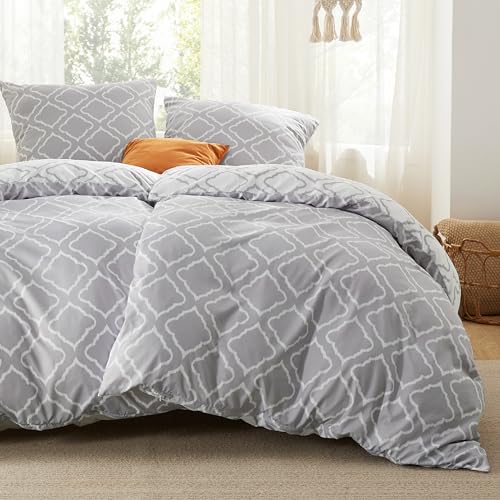 BEDSURE Bettwäsche 135x200 4teilig Bettbezug - Bettwäsche-Sets 135 x 200 cm 2er Set mit 2 Kissenbezüge 80x80cm, Weich Wendebettwäsche Bedding Gitter Grau Muster mit Reißverschluss