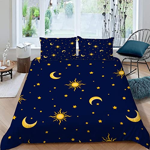 BUMIYA Kinder Bettwäsche Set 135x200 3D Druck Sonne, Mond Und Sterne Bettwäsche100% Mikrofaser Weiche mit Reißverschluss Blau Und Gold Winter Herbst Bettbezüge mit 2 Kissenbezug 80x80 cm