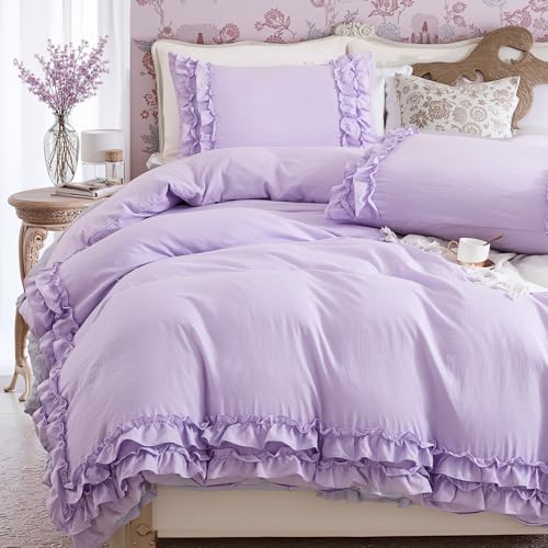 Bedrom Rüschen-Bettwäsche-Set, Queen-Size-Bett, Shabby-Chic-Stil, Spitze, Rüschen, Schlafzimmer-Set, Flieder, Lila, ästhetisches Boho-Bettwäsche-Set für Mädchen und Frauen