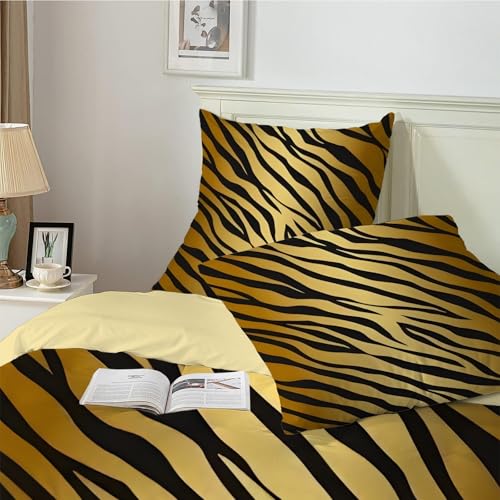 Bettwäsche 200x200 Schwarz und Braun, Tiger Druck Bettwäsche-Sets aus Weiche Atmungsaktiv Microfaser, Bügelfrei Wendebettwäsche Bettbezug 200x200 und 2 Kissenbezüge 80x80 cm für Doppelbett, A313