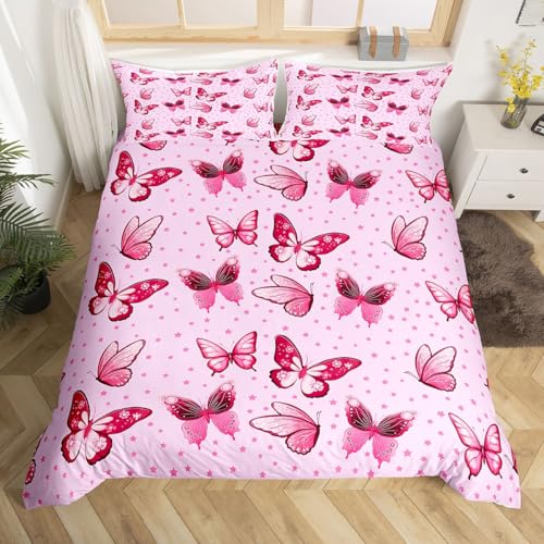 Homewish Rosa Schmetterling Bettwäsche 135x200 Träumige Prinzessin Schmetterlinge Bettwäsche Set Elegante Schicke Ästhetik für Kinder Erwachsene Bettbezug Rosa Star Print Bettset 2 Teilig
