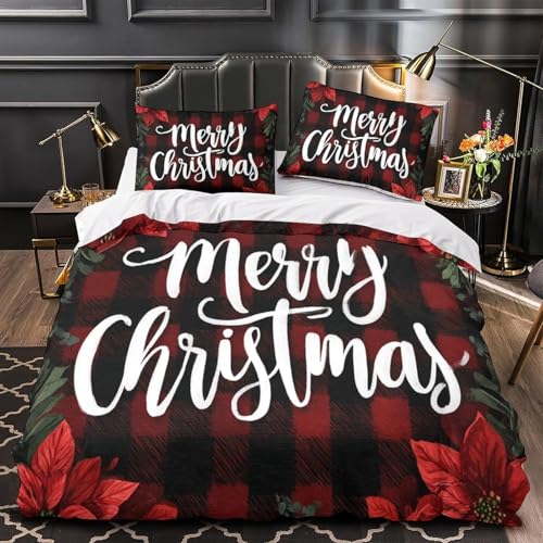 Weihnachtsmotiv Bettwäsche 155x200 Kinder Bettwäsche-Set 3D Rot-Kariertes Muster Weiche Mikrofaser Bettbezug Rot Bettbezüge mit Reißverschluss und 2 Kissenbezüge 80x80 cm h-1858