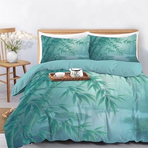 Natürlicher Orientalischer Freihandstil Bettwäsche 200x200 cm, Bambuswald Bambusblätter Bettwäsche-Sets 3 Teilig, Bettbezug + 2 Kissenbezüge 80x80cm, Weich Blaugrün Bettbezug mit Reißverschluss