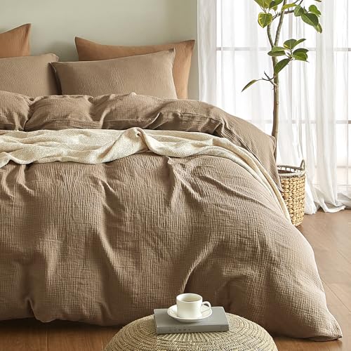 Bailix Premium Musselin Bettwäsche Sets 155x220 3 teilig 100% Baumwolle atmungsaktiv & bügelfrei Bettbezüge 155x220cm + 2er Kissenbezüge 80x80cm Oeko-Tex Bettwäsche-Sets mit Knöpfe Braun