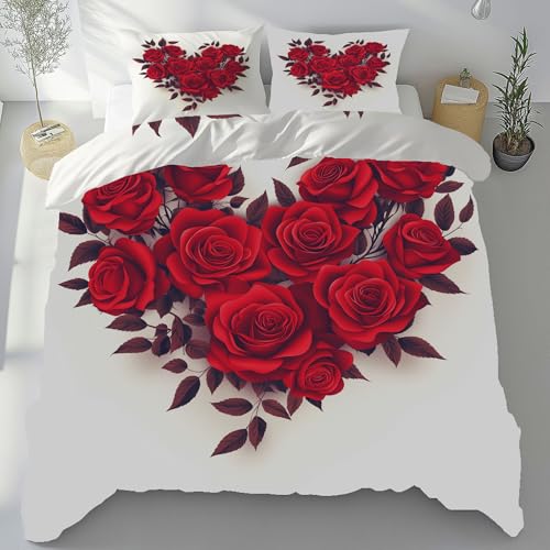 Sobhdga Rote Rose Liebe Herz Bettwäsche 135x200 3teilig, Romantische Floral Bettwäsche-Sets Mikrofaser, Blumenmuster Bettbezug Weich, mit Reißverschluss Und 2 Kissenbezug 80x80 cm