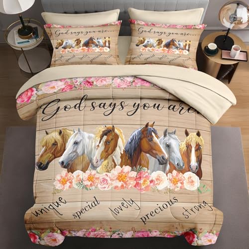 WeCozy 5 teiliges Bettdecken Set für Doppelbetten Kissenbezug und Kissenbezug, Pferde, Tierblumen Bettwäsche für Kinder und Erwachsene, inspirierende Gedanken, Bett in einer Tasche flachem