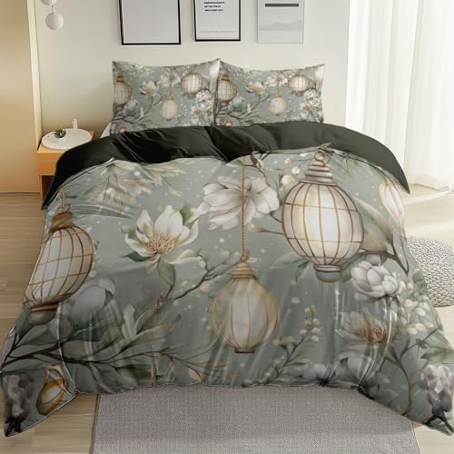 Bettwäsche 180 x 200 cm Weiche Atmungsaktiv 100% Mikrofaser Bettbezug Set, Orientalische Traditionelle Blumenlaternen Bedrucktes Muster Bettwäsche Set mit Reißverschluss und Eckbändern, Salbeigrün