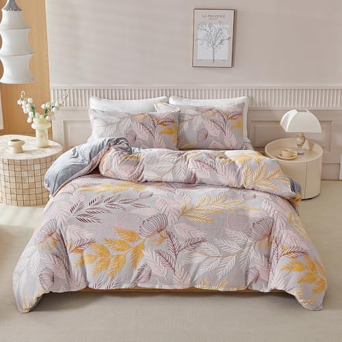 YASMENG Flanell Bettwäsche 135x200 Winter Warm Blätter Rosa Gelb Grau Plüsch Bettwäsche Winter Hochwertige Weich Kuschelig Flauschige Bettwäsche 2 Teilig mit Reißverschluss und 80x80 cm Kissenbezug
