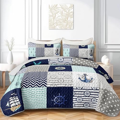 HOSIMA Nautische King-Size-Steppdecke, kariert, Patchwork, Ozean-Thema, Segelboot und Anker-Druck, Küsten-Bettwäsche für Schlafzimmer, nautische Dekoration, Marineblau mit 2 Kissenbezügen.