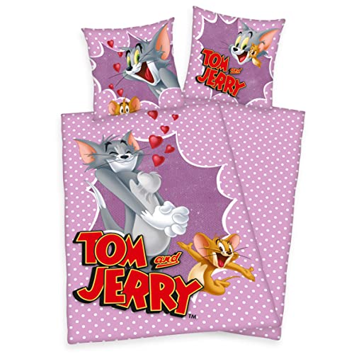 Herding 2tlg. Kinder Bettwäsche Tom & Jerry 135x200cm Baumwolle Bettdecke Bettgarnitur lila
